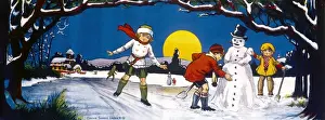 Snow Man Prints: Decorative Christmas frieze - children playing in snow