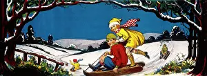 Sled Prints: Decorative Christmas frieze, Children sledging
