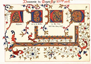 Decorative initial ABCD from the Bible of King Jean II, 14th cen