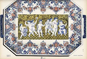 Decorative rectangular plate from Rouen with handles. Painted with six putti in laurel wreaths with cello, lute, lyre, quill, torch on a gold ground, bordered with foliage. Hand-finished chromolithograph from Ris Paquot's General History of Ancient French and Foreign Glazed Pottery, Chez l'Auteur, Paris, 1874. Date: Decorative rectangular plate from Rouen with handles
