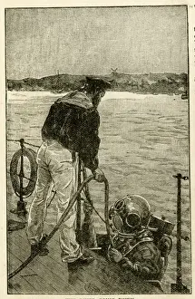 Monthly Prints: Deep sea diver going down into the water