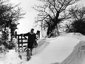 Seasons Prints: Deep snowdrifts block lanes near Crediton, Devon
