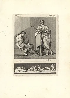 Antichità Gallery: A deity (Apollo?) with halo and bow leans against a pillar