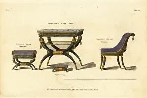 Furnishings Prints: Dejeuner and work table, drawing room tabouret, chair and footst
