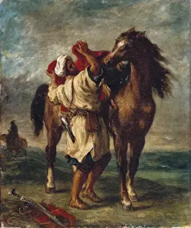 Eug X8ba5 Prints: DELACROIX, Eug讥(1798-1863). Arab saddling