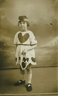 Homemade Prints: Delightful photograph of a little girl called Margaret dressed in a costume embellished with love hearts