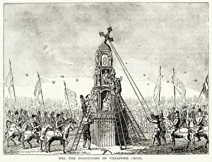 1643 Prints: Demolition of Cheapside Cross, destroyed by Parliamentarians during the Civil War