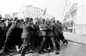 Demonstration in Chesham Place, Belgravia, London, with a struggle between protesters