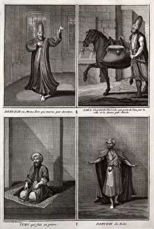 Depictions Collection: Three depictions of Dervishes and one of a Turk at prayer