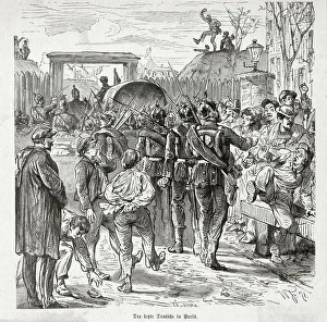 Der lezte Deutsche in Paris the Prussians leave the city, derided by the inhabitants : little knowing they'll be back 70 years later - and next time they'll stay longer.. Date: 3 March 1871