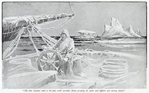 This derelict sailing vessel was found by the sealer Ariebis ; the captain, lashed to the helm, had frozen to death Date: 1905