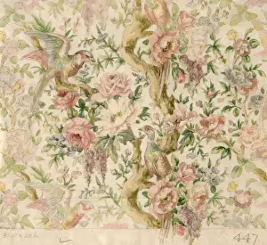 Buds Prints: Design for cretonne with birds and flowers