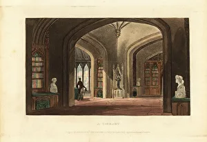 Furnishings Prints: Design for a Gothic-style library Regency Era