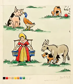 Design with milkmaid, animals and birds