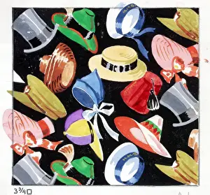 Topper Prints: Design for printed textile with hats and caps