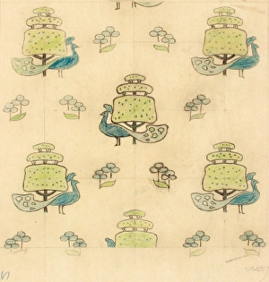 Images Dated 29th October 2013: Design for Printed Textile with peacocks