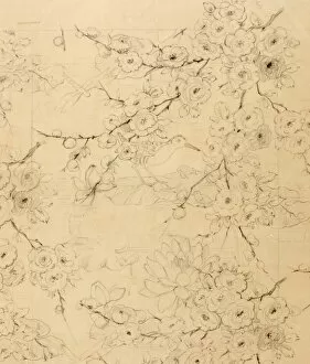 Design for Textile or Wallpaper with bird and flowers