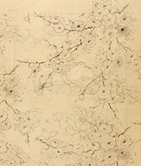 MoDA - Museum of Domestic Design & Architecture Gallery: Design for Textile or Wallpaper with bird and flowers