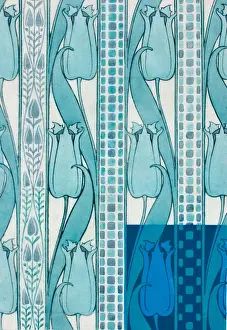 Design for woven textile with blue flowers