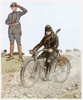 Troop Prints: A despatch rider of the Wurttemberg forces of the German army speeds along on his