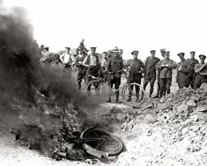 Despatch Prints: Despatch riders bike on fire, Western Front, WW1