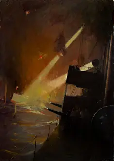 Searchlight Prints: A Destroyer on a night time encounter, by Harold M Brett, WW
