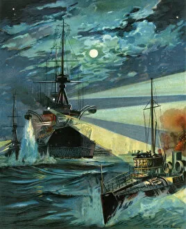 Nightime Gallery: Destroyers attacking a Battleship by night