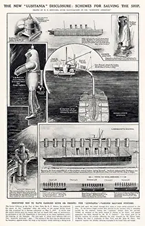 Scheme Prints: Diagrams showing various salvage systems where the Lusitania would be lifted and towed with the sea-bed raised