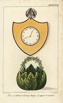 Womens Work Prints: Two different clock mounts: a clock mounted in a shield and a ba