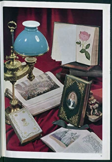 Antique Collection: A display of bound, illustrated volumes. Date: circa 1954