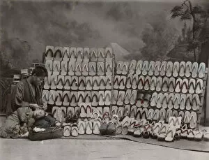 Clogs Gallery: Display of wooden clogs shoes, studio scene of shop