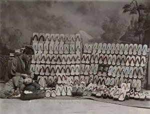 Clogs Gallery: Display of wooden clogs shoes, studio scene of shop