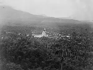 Melanesia Prints: Distant tower seen over palm trees. Fiji