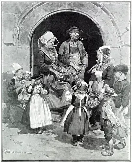 Distribute Prints: Distributing eggs to poor children in the neighbourhood