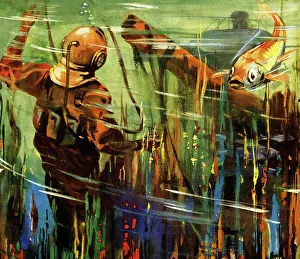 Diver in diving suit on seabed