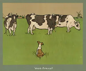 Interested Prints: Dog, 3 Cows in Field