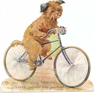 Victorian and Edwardian Christmas Cards Gallery: Dog on a bicycle on a cutout greetings card