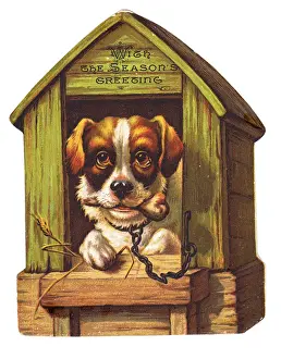 Kennels Prints: Dog with a bone on a kennel-shaped Christmas card