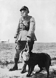 Images Dated 8th December 2011: Dog and Handler wearing gas masks at the battle front