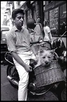 Scooter Prints: Dog riding in a basket on a scooter, Paris, France