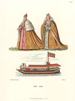 Oars Prints: Doge and Dogaressa of Venice, and state barge, 16th century