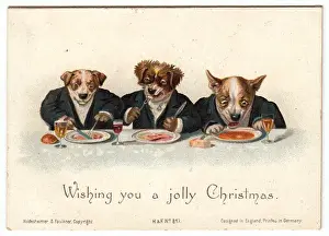 Clothed Prints: Three dogs eating their dinner on a Christmas card
