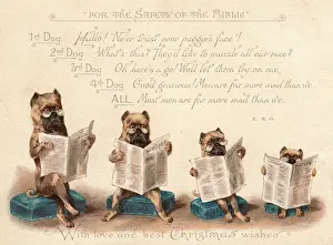 Muzzle Prints: Four dogs reading newspapers on a Christmas card