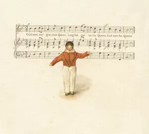 Score Gallery: Doll representing a young man in front of a music score