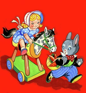 Rabbits Collection: Doll riding a toy horse, chasing Mr Rabbit