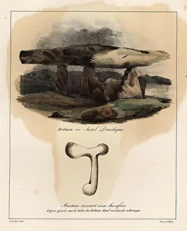 Bossange Prints: Dolmen or Druidic altar and sacrificial hammer, Brittany