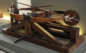 The double catapult. Designed by Leonardo da Vinci. 15th cen The double catapult. Designed by Leonardo da Vinci. 15th cen