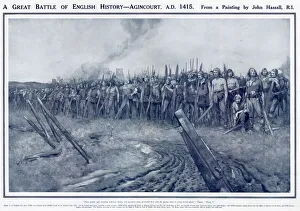 Agincourt Gallery: Double page spread in The Sphere showing British warriors lined up waiting before