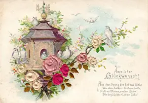 Congratulations Prints: Doves and flowers on a German greetings card