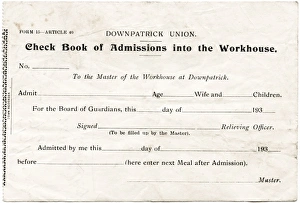 Admission Gallery: Downpatrick Workhouse Admission Ticket